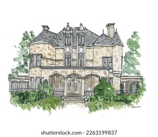 Wimbish House, Georgia, Atlanta. Sketch, watercolor illustration wedding venue. Country house. Isolated vector.