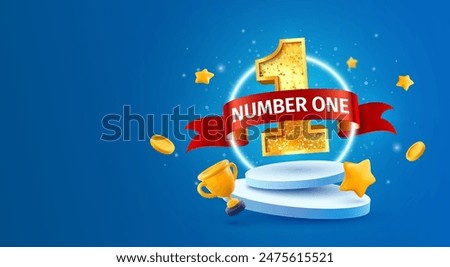 Win 1 place celebrating 3d vector illustration. Number one champion banner. Winner first number on podium with red ribbon on falling down confetti, goblet, stars on blue background.