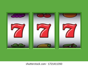 Win 777 jackpot in a green slot machine. Jackpot triple seven. Lucky seven. Casino vegas game. Slot machine game prize.