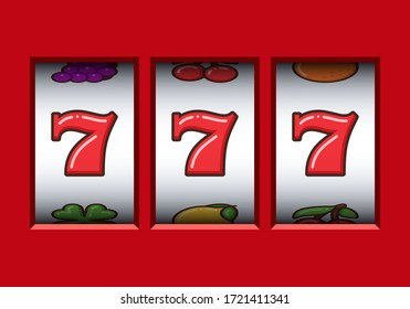 Win 777 jackpot in a red slot machine. Jackpot triple seven. Lucky seven. Casino vegas game. Slot machine game prize.