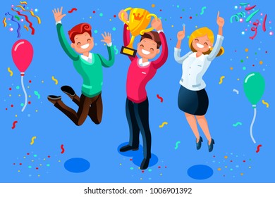 Win achievement. Happy company employee awarding a trophy prize to their leader. Business vector illustration.