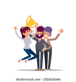 Win achievement. Happy company employee awarding a trophy prize to their leader. Business vector illustration. Business company party advertising with corporate members.