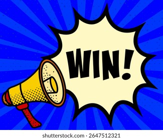 Win announcement speech bubble. Megaphone, speech burst, comic style, bright background, communication element, expression tool, voice projection, information sharing, pop art design.