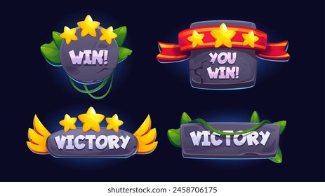 Win badge for game ui design. Cartoon vector illustration set of stone winner banner with wings, rating stars and ribbons, green leaves. Grey rock emblem trophy for tournament victory and achievement.