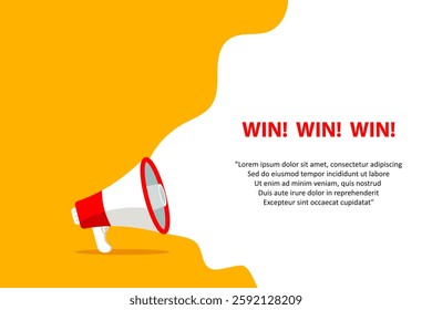 Win, win, banner with megaphone. Win speech bubble banner. Vector illustration for retail shopping online marketing template, banner, poster, and background.