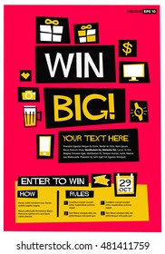 Win Big! (Flat Style Vector Illustration Contest Poster Design) With Instructions and Rules 