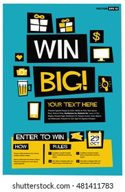 Win Big! (Flat Style Vector Illustration Contest Poster Design) With Instructions And Rules 