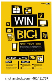 Win Big! (Flat Style Vector Illustration Contest Poster Design) With Instructions And Rules 