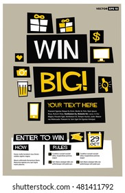 Win Big! (Flat Style Vector Illustration Contest Poster Design) With Instructions And Rules 