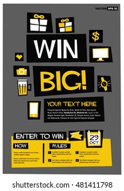 Win Big! (Flat Style Vector Illustration Contest Poster Design) With Instructions And Rules 