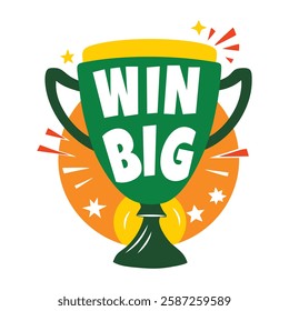 Win big text written on a trophy, flat sticker 
