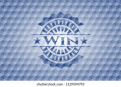 Win blue emblem or badge with geometric pattern background.