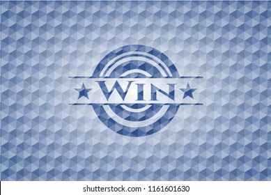 Win blue emblem with geometric background.