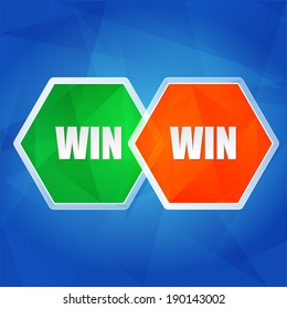 win win - business success teamwork concept words in color hexagons over blue background, flat design, vector