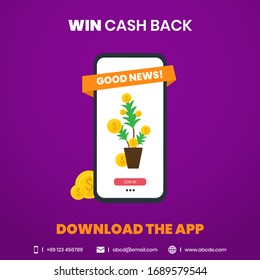 Win cash back mobile post for facebook and instagram with money plant in it. Cash Back poster for marketing and promotion. Dollar pile coins with mobile