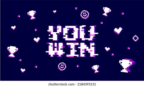 Win celebration illustration. Rich violet background with text you win and icons in glich error style. Template banner for website, poster or stream. 