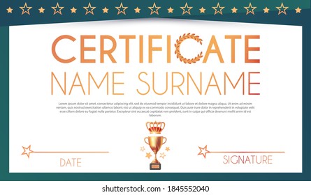 Win certificate design template. Diploma design with champion cup and crown. Award, competition and win design.