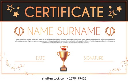 Win certificate design template. Diploma design with champion cup and crown. Award, competition and win design.