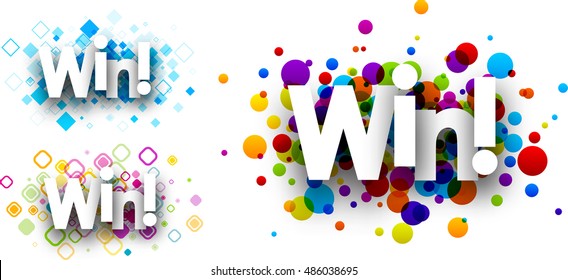 Win colour banners set. Vector paper illustration.