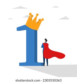 win concept, award winner celebration or employee of the month, first place winner achievement, business success or win, superhero successful businessman standing with first place award with crown.