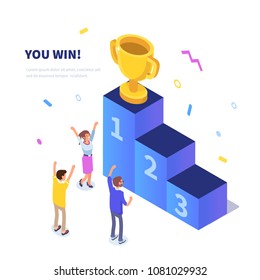 
Win concept with characters. Can use for web banner, infographics, hero images. Flat isometric vector illustration isolated on white background.