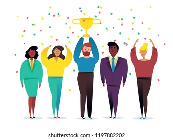 Win concept with characters. Winner business and achievement concept. Business success. Big trophy for businessmen. vector illustration. Success concept banner.