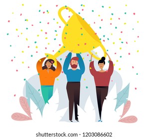 Win concept with characters. Winner business and achievement concept. Business success. Big trophy for businessmen. vector illustration. Success concept banner.