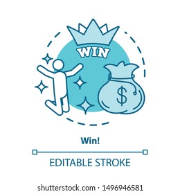 Win concept icon. Jackpot, success idea thin line illustration. Lottery, casino victory. Winner, champion. Sack of money prize. Good luck & fortune. Vector isolated outline drawing. Editable stroke