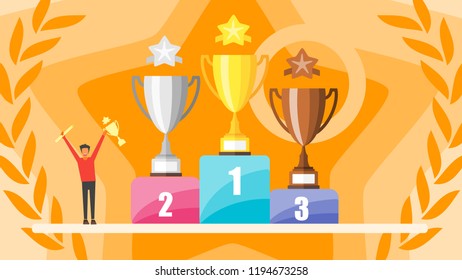 Win concept. Tiny People holding Gold Trophy award. Winner Gold, silver and bronze cups. Success character standing in a podium. celebrates his victory. flat design vector illustration.