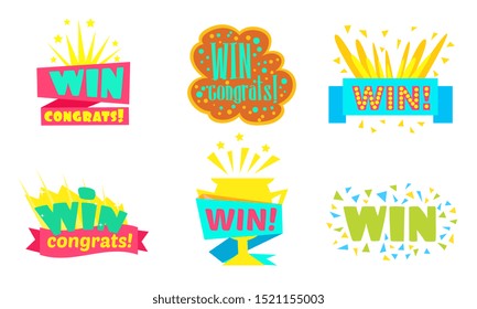 Win, Congrats, Colorful Congratulation Labels or Stickers Vector Illustration
