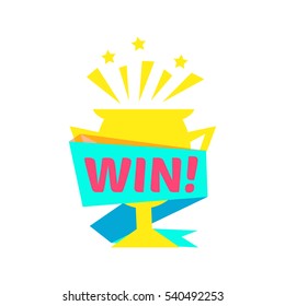 Win Congratulations Sticker With Golden Cup Design Template For Video Game Winning Finale