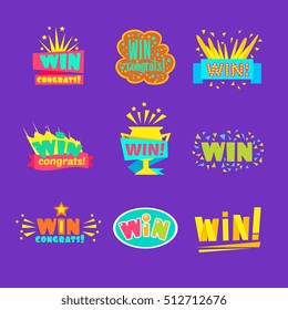 Win Congratulations Stickers Assortment Comic Designs Stock Vector ...