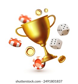 Win cup, coins, dice and casino chips. Gambling design