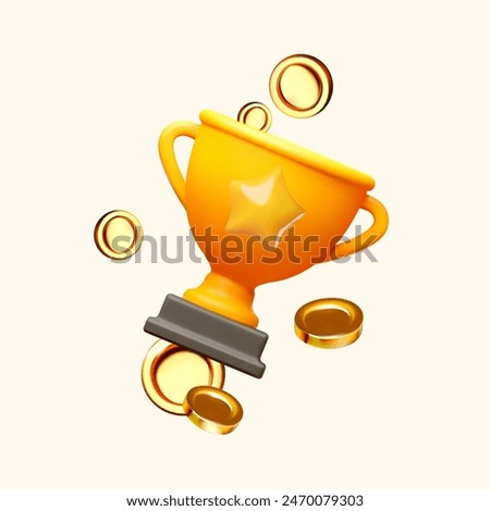 Win cup with flying coins. Achieve and competition victory. Gambling. Game win