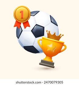 Win cup with Soccer ball, crown and first place medal. . Achieve and competition victory. Competition win