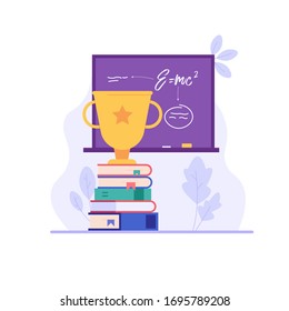 Win cup and stock of books at blackboard. Physics lesson. Concept of successful studying, high school, academic education.  Vector illustration in flat design for UI, banner, mobile app