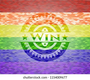 Win emblem on mosaic background with the colors of the LGBT flag