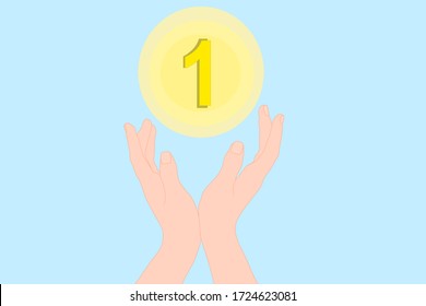 Win first prize float in the air with hand. Business, competition, inspiration, successful concept.