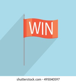 Win flag for car racing isolated on blue background. Win flag success competition race and victory sport finishing win flag. 