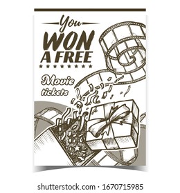 Win Free Movie Ticket Advertising Banner Vector. Opened Gift Box With Confetti Explosion And Movie Film Footage. Ornament Festive Ribbon Package Hand Drawn In Vintage Style Monochrome Illustration