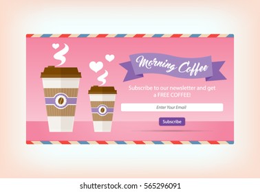 Win Free Take Away Coffee To Go Tickets E-mail Newsletter Subscription Form Mockup Template Layout Vector Illustration
