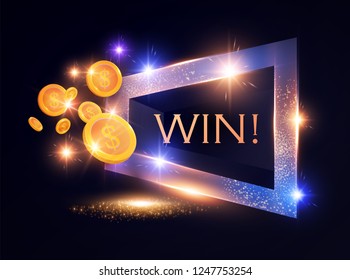 Win! Gambling Game Shining Banner with Gold Flying Coins. Vector illustration