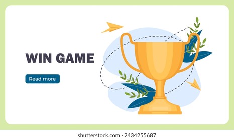 Win game poster. Golden trophy near paper planes. Tournament or competition. Award and reward. Motivation and success. Landing webpage. Cartoon flat vector illustration isolated on blue background