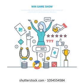 Win game show. Participant of show play quiz, answer logical questions, check their knowledge. Girl winning of game success, fortune, high level erudition. Illustration thin line design.