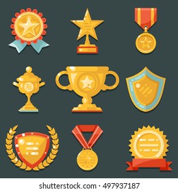 Win Gold Awards Symbols Trophy Icons Set Flat Vector Illustration