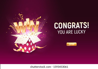  Win gold sign take off from open textured purple gift box on dark background. Gambling vector banner. Jackpot illustration template