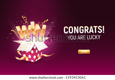  Win gold sign take off from open textured purple gift box on dark background. Gambling vector banner. Jackpot illustration template