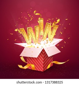 WIN gold text flies out of the red gift box. Isolated open textured red box with confetti explosion inside and golden win word. Flying particles from giftbox vector illustration on red background