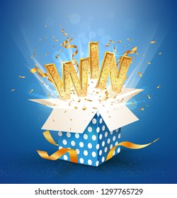 WIN gold text. Open textured blue box with confetti explosion inside and golden win word. Flying particles from giftbox vector illustration on white background