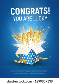 WIN gold text. Open textured blue box with confetti explosion inside and golden winning word on blue background vertical illustration.